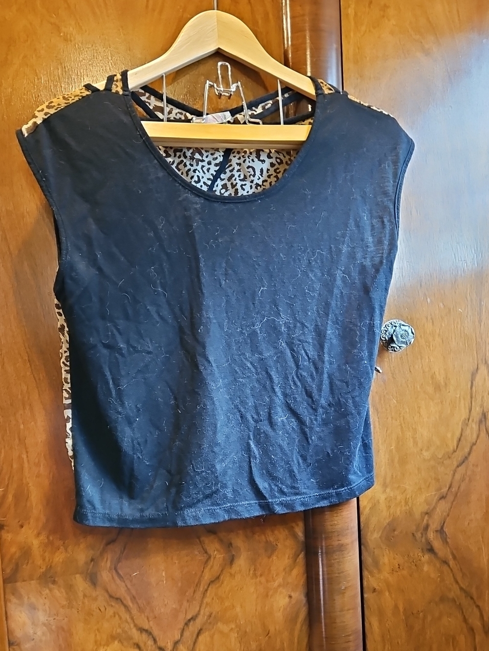 Women's Black Tank Top with Leopard Print Crossover Back Design - Size M